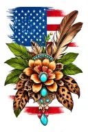 american flag and brown feathers, american flag, green leaves, one brooch turquoise jewelry, flowers, cheetah print  tattoo design idea