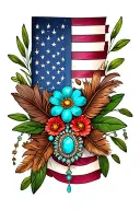 american flag and brown feathers, american flag, green leaves, one brooch turquoise jewelry, flowers, cheetah print  tattoo design idea