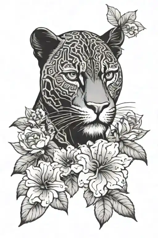 black panther head with flowers blooming tattoo design idea