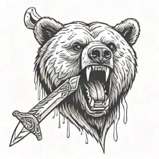 a bear with daggers in its mouth and white eyes tattoo design idea