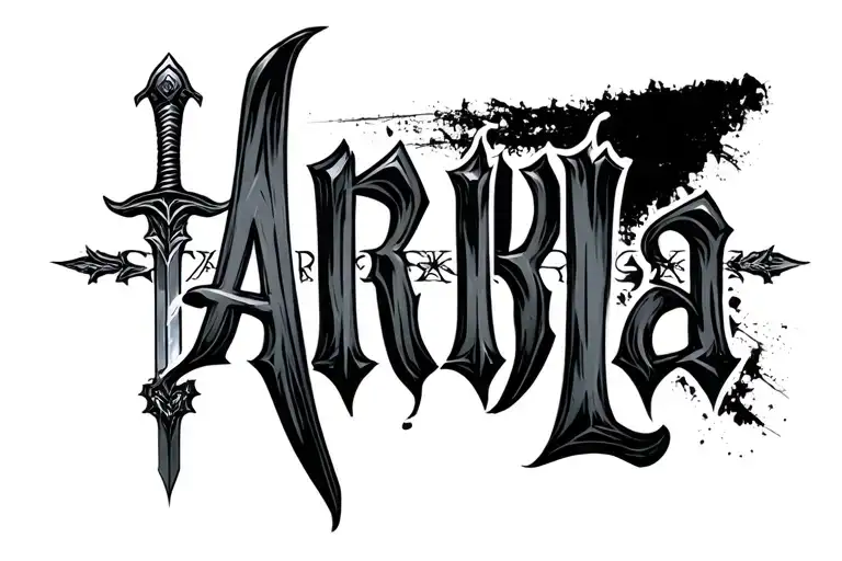 the name arya written with arya starks sword tattoo design idea