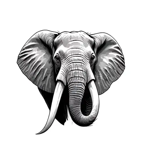 Tattoo style sketch, sketch. In the foreground, the head of an elephant with large tusks. The ears look to the sides. The gaze is harsh tattoo design idea