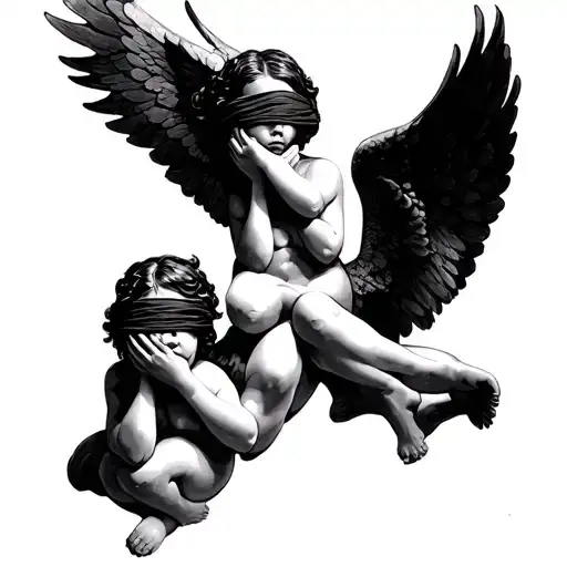 see no evil hear no evil speak no evil angels 1st has blindfold 2nd covers ears 3rd covers mouth  tattoo design idea