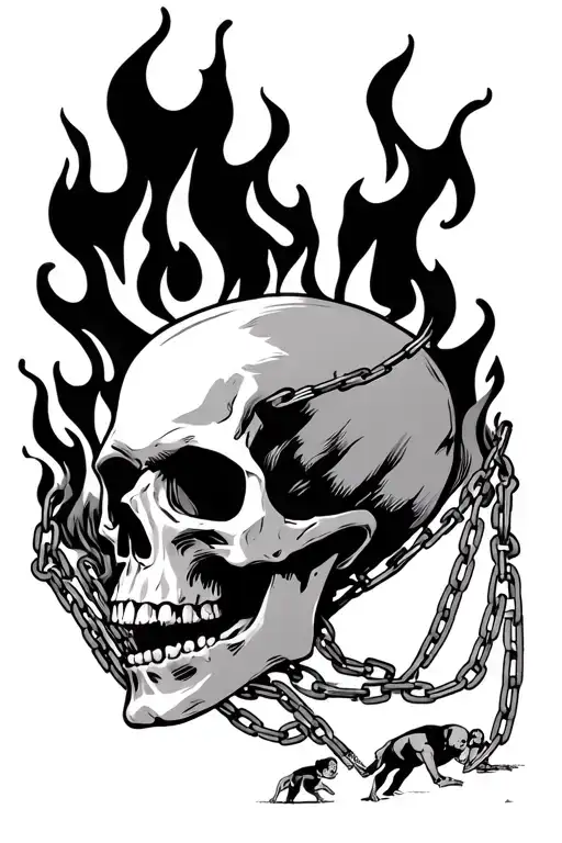 skull on fire with chains coming out of its mouth, the chains are tied to the ankles of people crawling away tattoo design idea