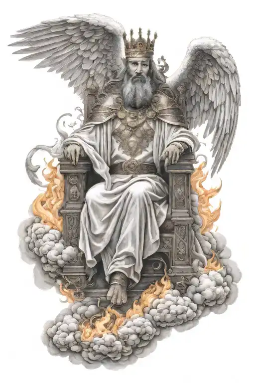 king of kings sitting on throne of cloud and fire surrounded by flying angels in half sleeve tattoo design idea
