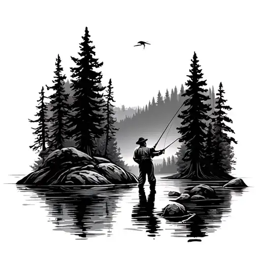 dad and son fly fishing on river with trees around tattoo design idea