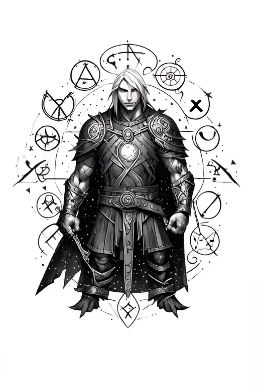 A dotwork tattoo of Alphonse Elric from Fullmetal Alchemist surrounded by alchemical symbols and a mysterious aura tattoo design idea