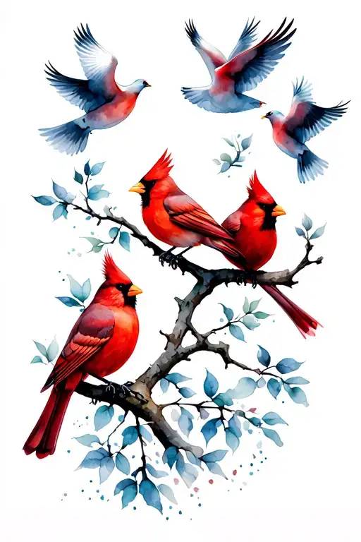 three cardinals on a branch with seven doves flying away  tattoo design idea