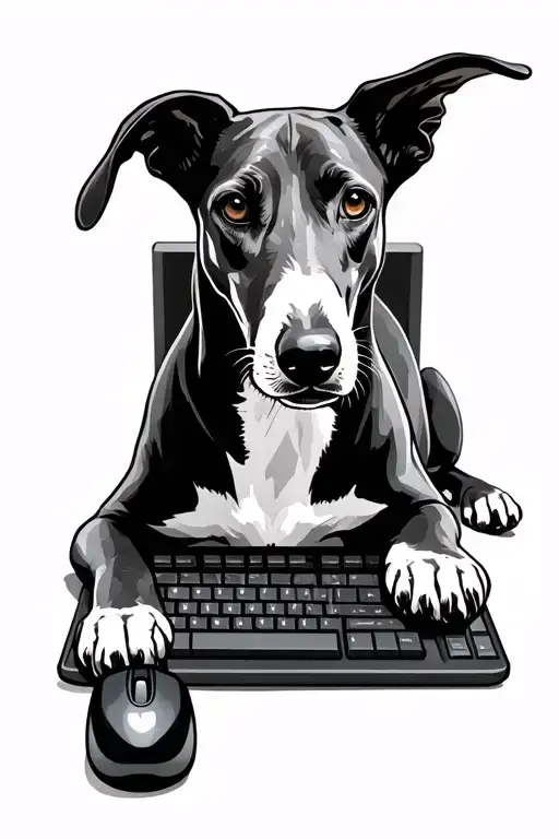 greyhound lying down in front of a computer with one paw on a mouse and one paw on a keyboard keyboard tattoo design idea