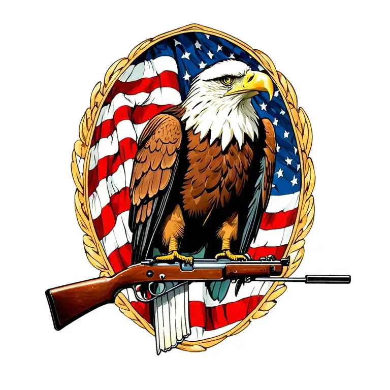 A patriotic bald eagle perched on a rifle with an American flag in the background tattoo design idea