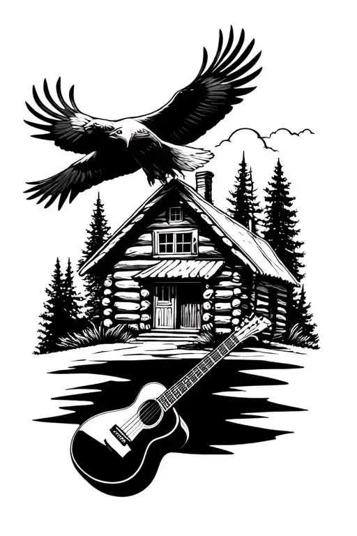 Log Cabin With An Acoustic Guitar In Front And An Eagle Flying Above. Nature Scene Tattoo tattoo design idea