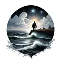 standing on cliff looking out over waves with a sky full of stars tattoo design idea