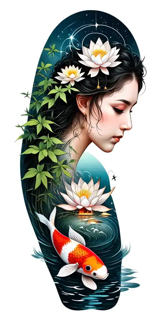 path of enlightenment along sleeve from wrist to shoulder. lotus, water, constellation, koi, bamboo, tiny home tattoo design idea