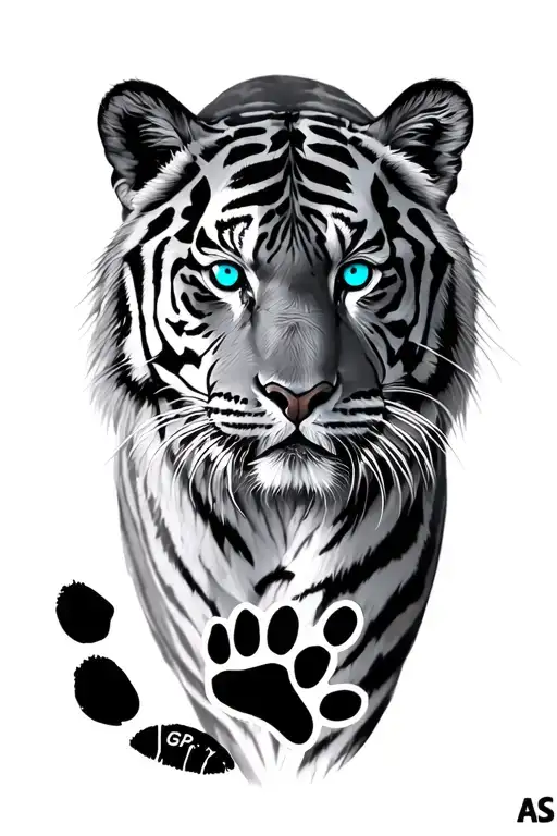  tiger with deep blue eyes with paw print with the initial GP and AS  tattoo design idea