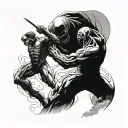 A colossal titan fights with an alien from the movie tattoo design idea