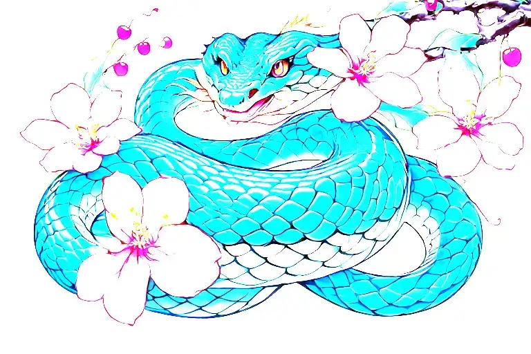 snake with cherry blossoms and wind bars tattoo design idea