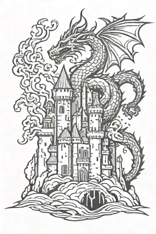 medieval castle and dragon breathing fire tattoo design idea