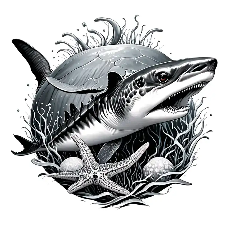 spine tattoo of whale shark, jellyfish, stingray, hammerhead shark, turtle, starfish black and white tattoo design idea