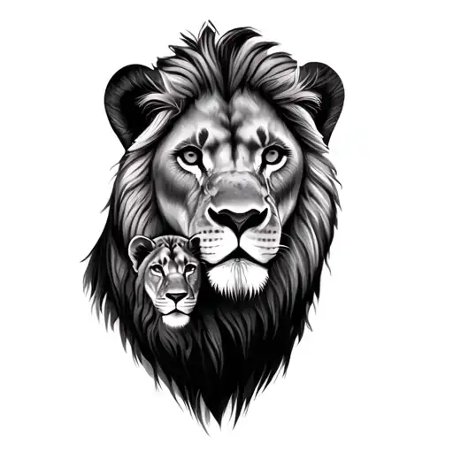lion lioness and 2 cubs face only within the cemical symbol for seratonin tattoo design idea
