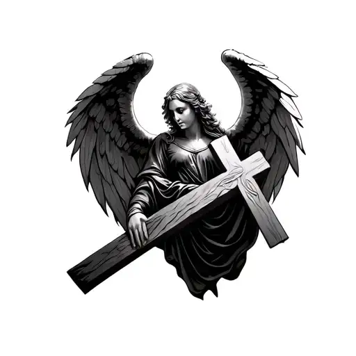 Angel of darkness barely holding onto a cross tattoo design idea