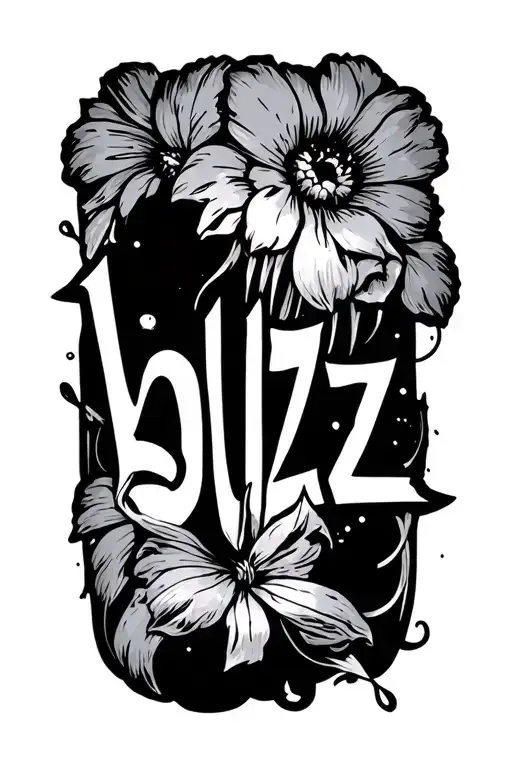 the word 'buzz' written with fine line artwork around it tattoo design idea