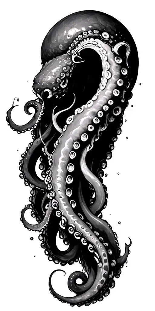 black and grey Japanese tattoo design, one realistic octopus tentacle emerging from the deep sea, partially hidden behin tattoo design idea