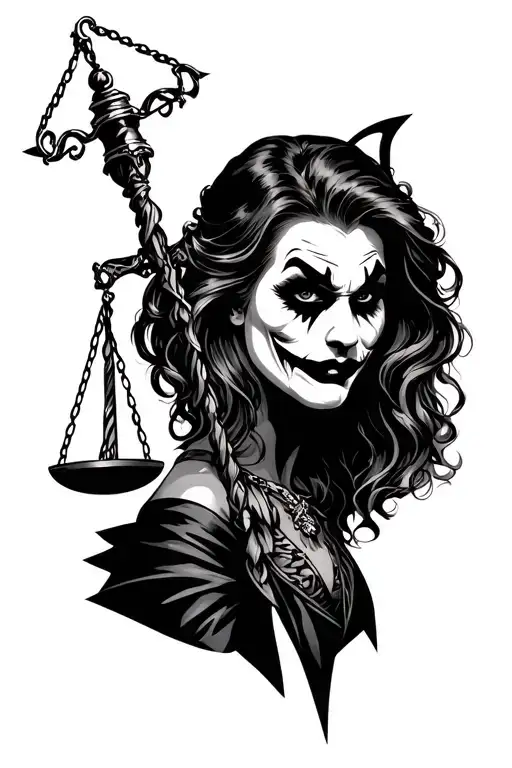 black and lady justice behind joker face tattoo design idea