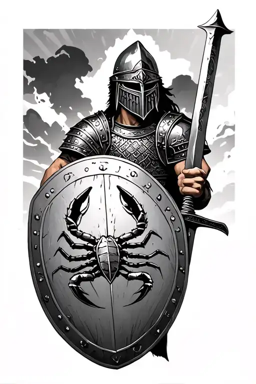 colosseum background black and white gladiator holding a sword and shield with scorpion pattern  tattoo design idea
