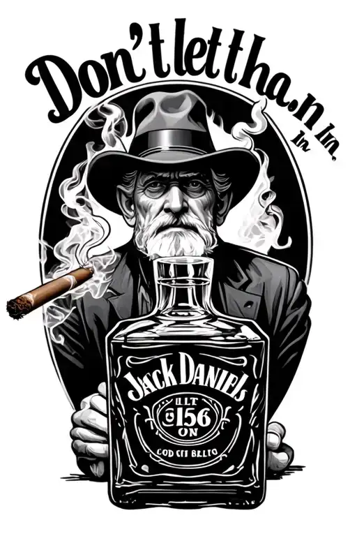 "Don't let the Old Man In." "Don't let the Old Man In." Old man smoking cigar and glass jack daniels bottle tattoo design idea