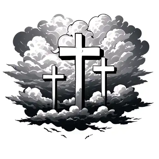 clouds surrounding 3 crosses tattoo design idea