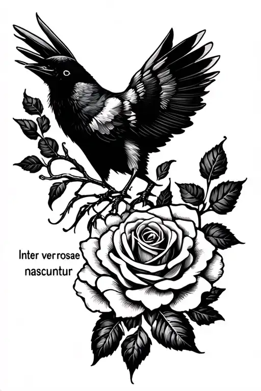 "Inter vepres rosae nascuntur" crow with a rose tattoo design idea