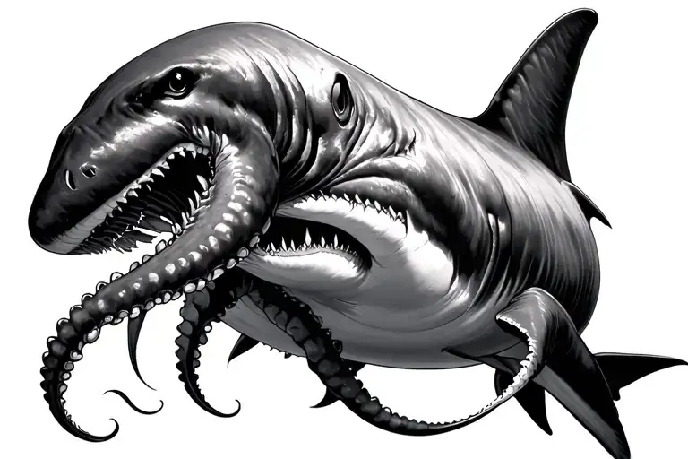 giant squid battling a giant great white shark swimming tattoo design idea
