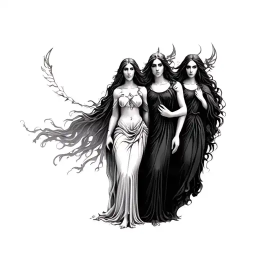 triple goddess standing side by side tattoo design idea