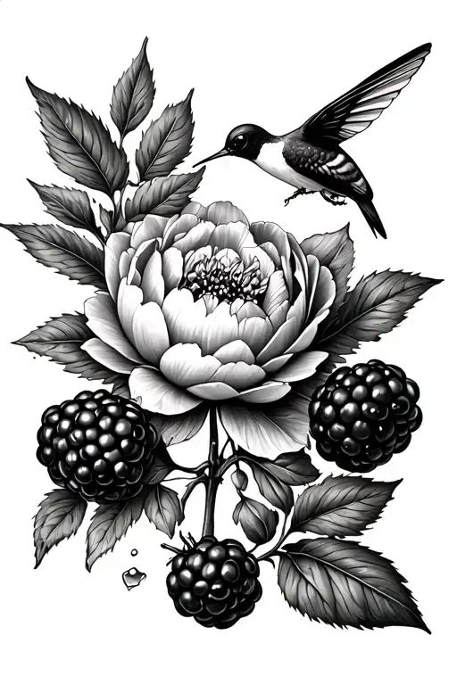 blackberries, honeycomb, bumble bee, peony, hummingbird  tattoo design idea