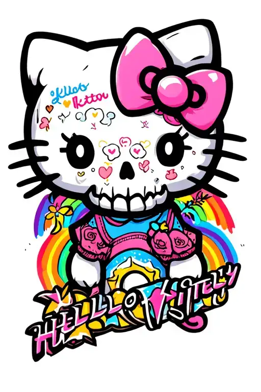 hello kitty with skull and rainbow in background  tattoo design idea