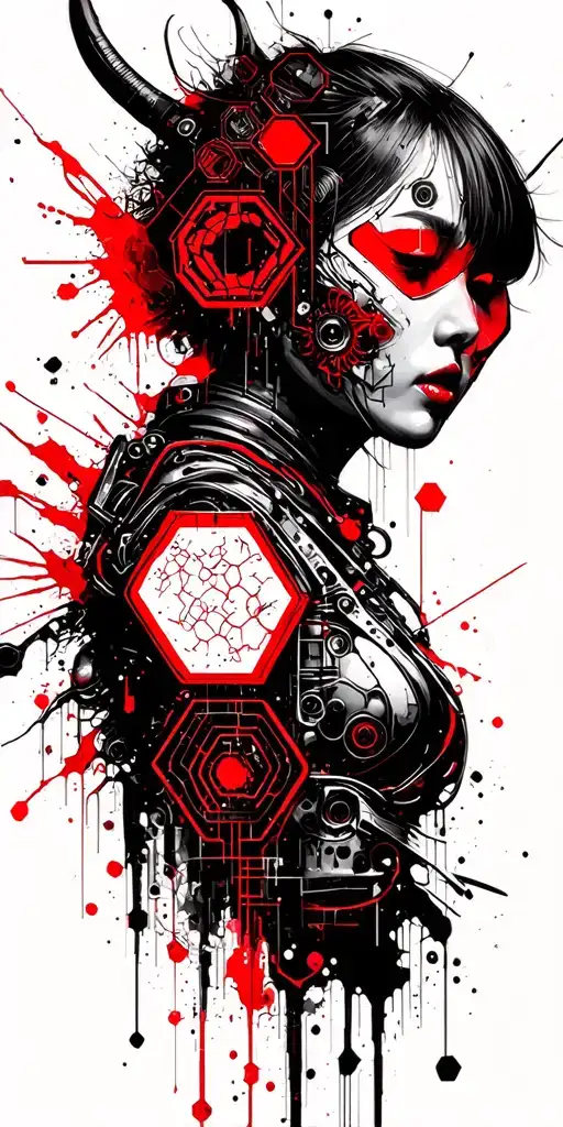 cyberpunk with hexagons, mechanical parts, and Japanese oni tattoo design idea