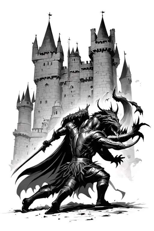 Dark Fantasy Knight fighting a Demon in front of a castle tattoo design idea