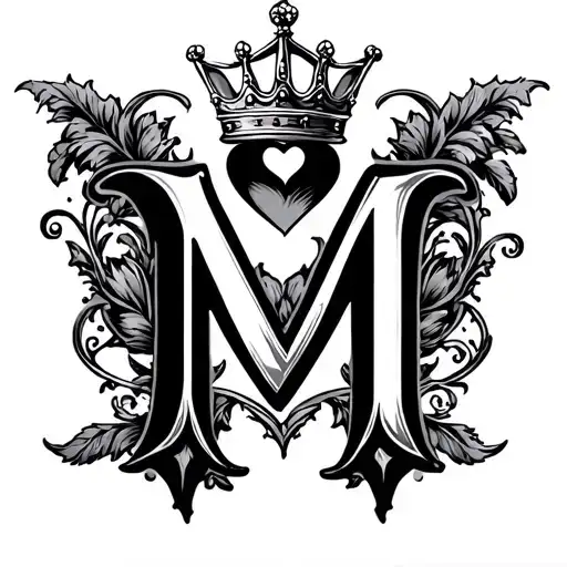 letter M with heart and crown surrounded tattoo design idea