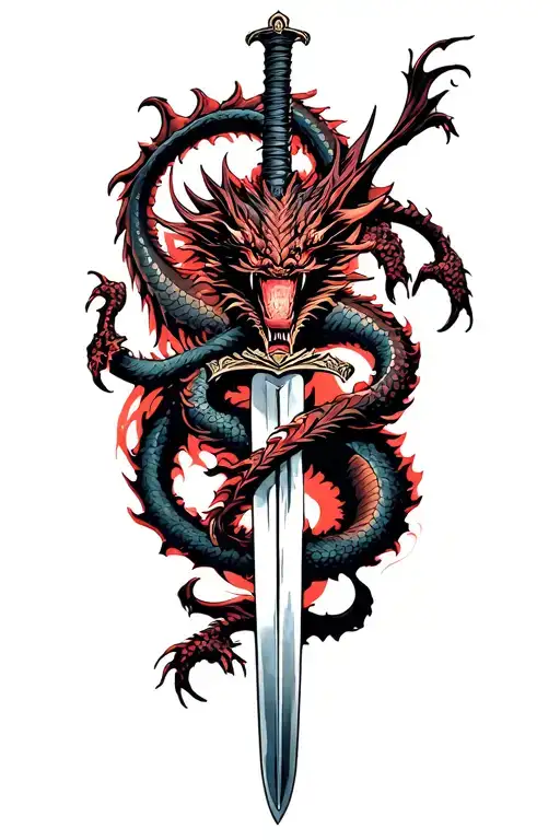 dragon wrapped around a katana sword tattoo design idea