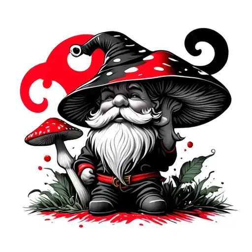 gnome with mushroom and swirl black amd red background tattoo design idea