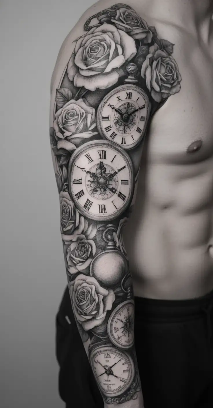 pocket watch, roses, compass, with 3 grandchildren birth dates and time tattoo design idea