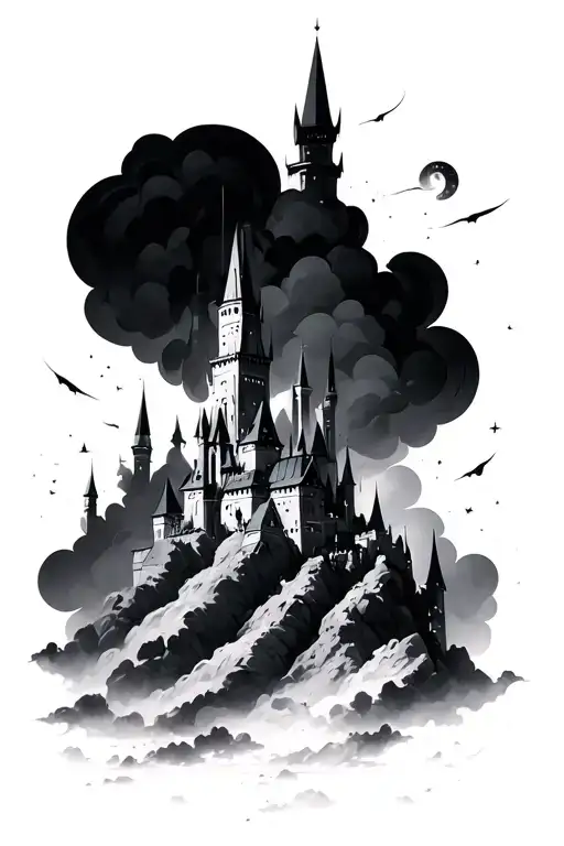 dark clouds and futuristic castles  tattoo design idea