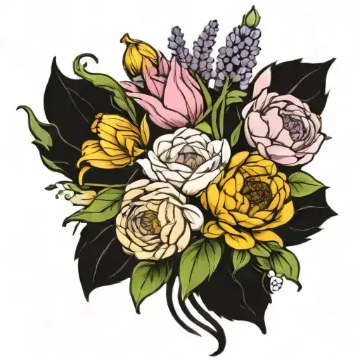 Bouquet of a rose, sunflower lily lavender, tulip peony  tattoo design idea
