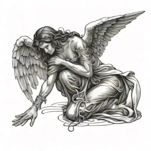 angel kneeling tattoo design idea