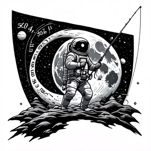 Astronaut fishing off a 97% moon with Roman numerals for the date 30/04/2007 underneath. Planets and stars in the backgr tattoo design idea
