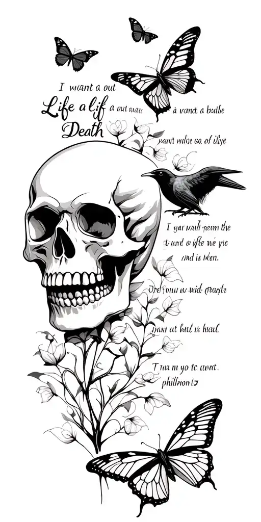 i want a life out of death sleeve, with a skull, a crow, and butterflys i want to incorporate the bible verse philemon15 tattoo design idea