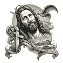 a leg sleeve concept featuring Jesus. featuring the beach. and featuring the area code 574.  tattoo design idea