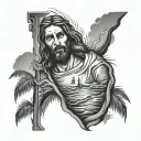 a leg sleeve concept featuring Jesus. featuring the beach. and featuring the area code 574.  tattoo design idea