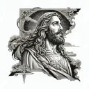 a leg sleeve concept featuring Jesus. featuring the beach. and featuring the area code 574.  tattoo design idea