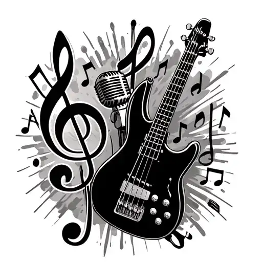 Ernie ball music man bass, a black gator acoustic guitar, a treble clef, a bass clef, a microphone and a staff and notes tattoo design idea